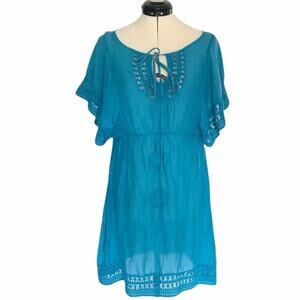 Anthropologie HD in Paris Sheer Tunic Dress Teal Blue Size 4 Crochet Sleeve Hem